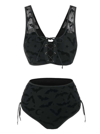 Set bikini gotico pipistrello spalline rete nero anni '80