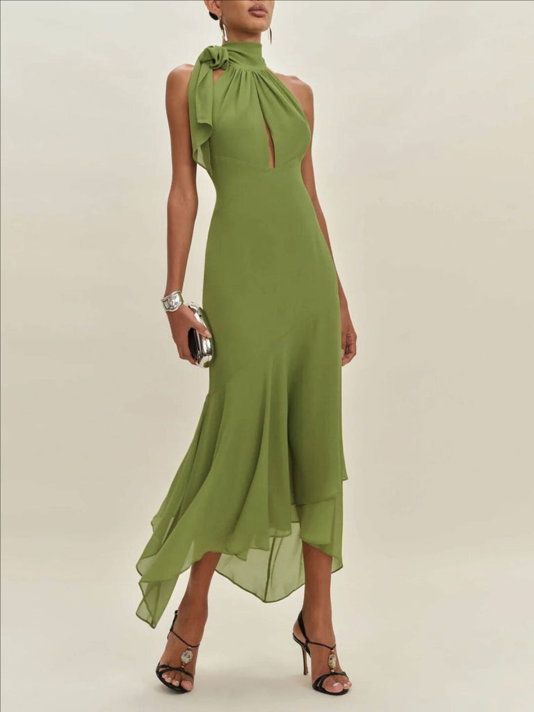 Abito midi verde anni '30 in chiffon con schiena scoperta