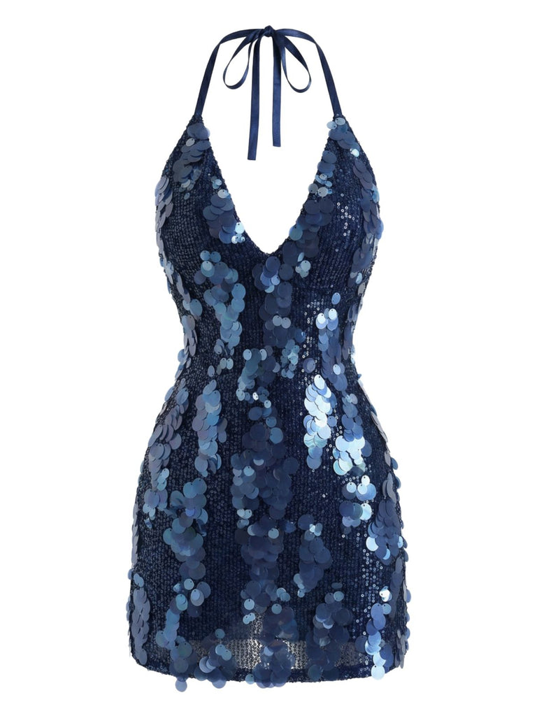 Abito con paillettes e scollo all'americana blu scuro anni 2000