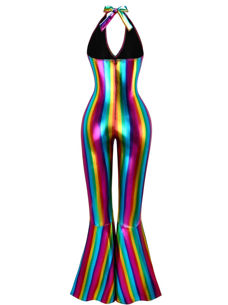 Tuta lunga con scollo all'americana e arcobaleno multicolore anni '70