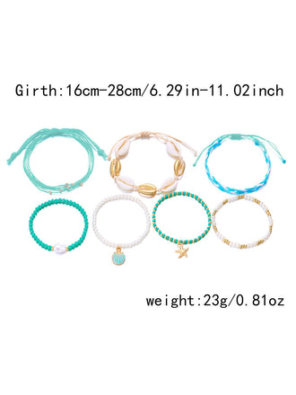 7PCS di Bracciali Blu Intrecciati a Strati con Conchiglie e Perline