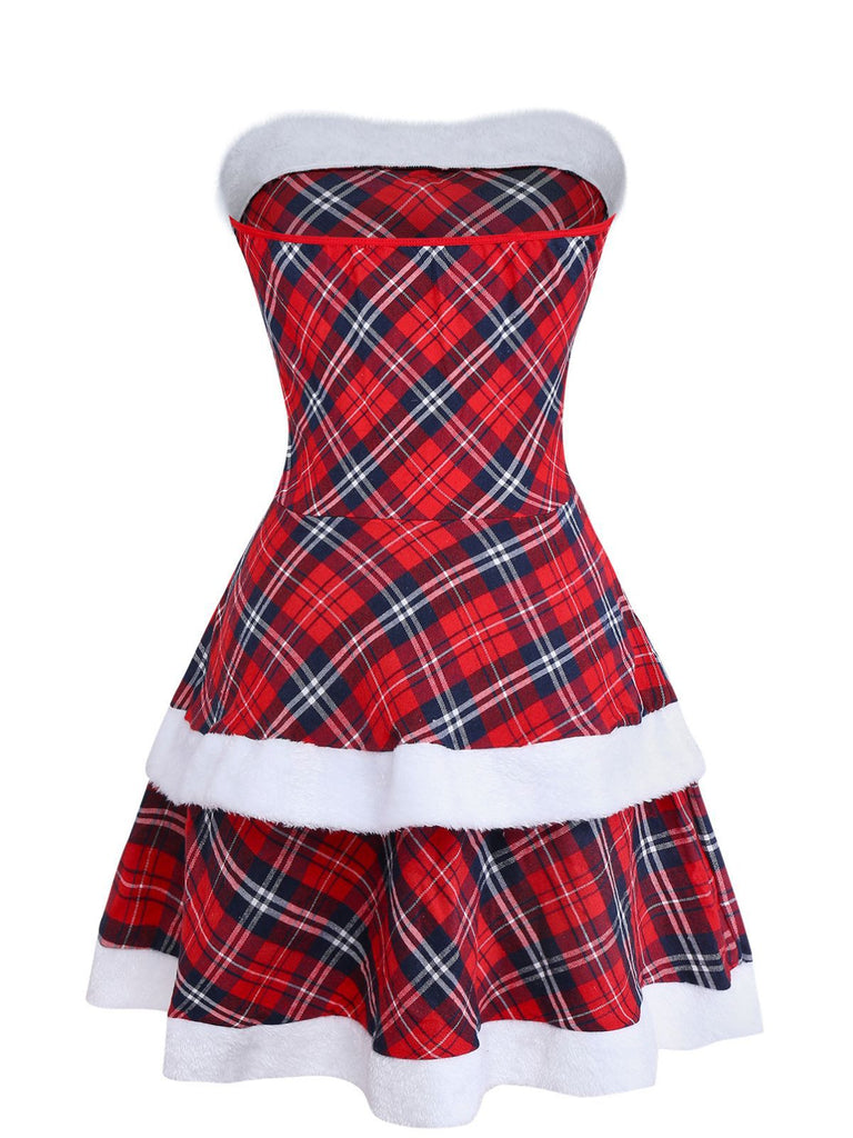 Completo abito patchwork senza spalline a quadri rosso anni '60