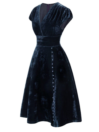 Abito in velluto perla scollo a V profondo blu anni '40