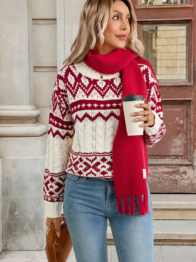 Maglione a maglia Fair Isle natalizio rosso e bianco anni '50