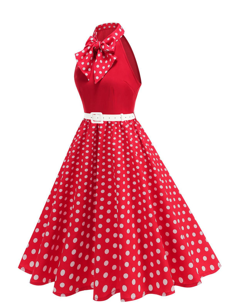 Abito a pois con cintura e collo a fiocco anni '50