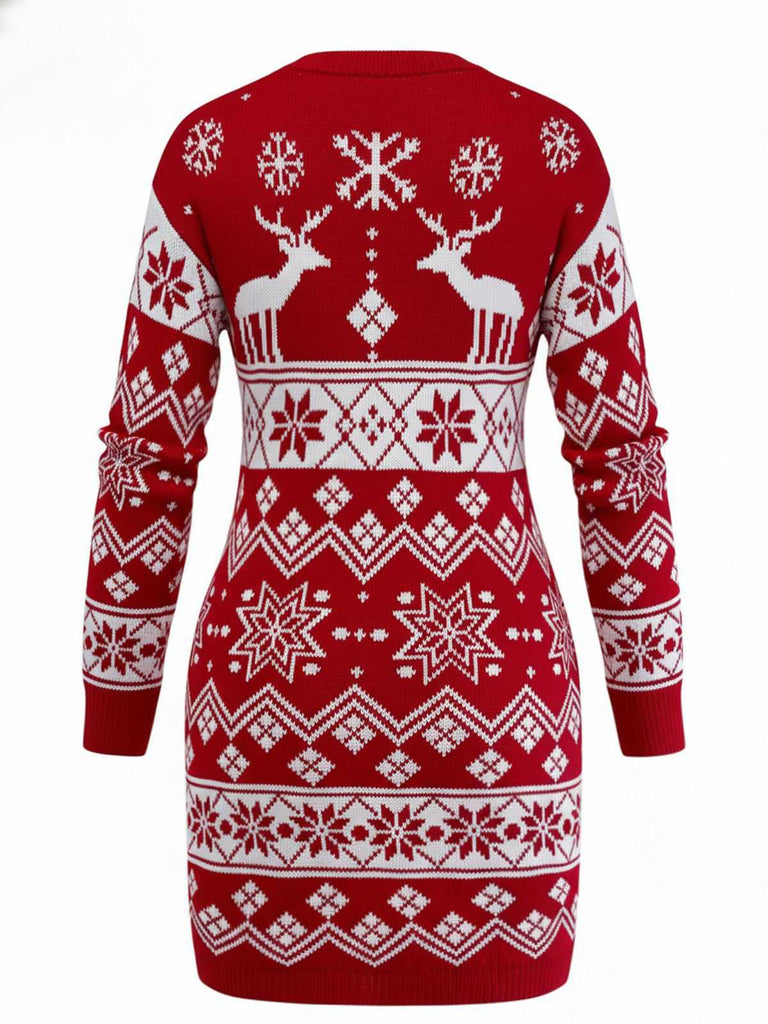 Abito in maglia jacquard con fiocco di neve e renne natalizie anni '60