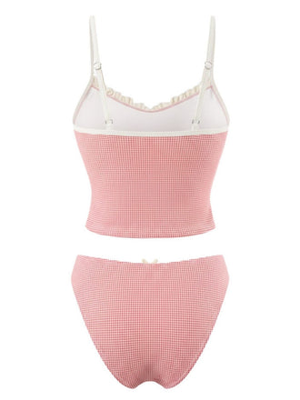 Completo tankini a quadri con pizzo rosso anni '50