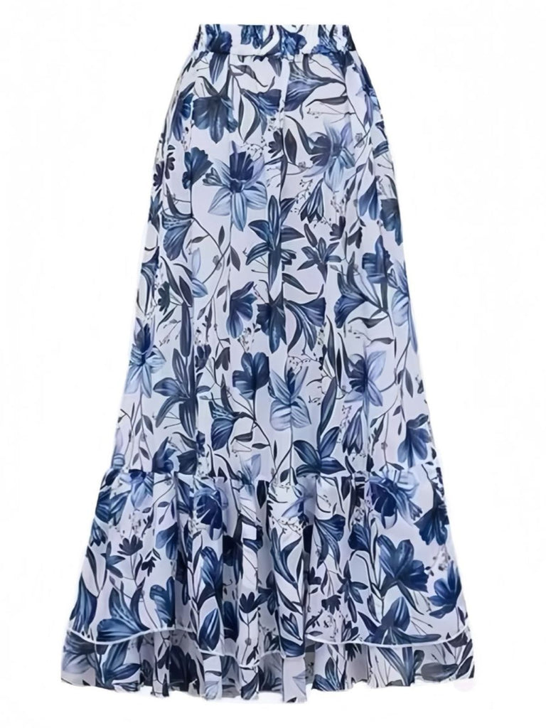 2PCS Costumi intero floreale scollo a V e copricostume blu anni '40