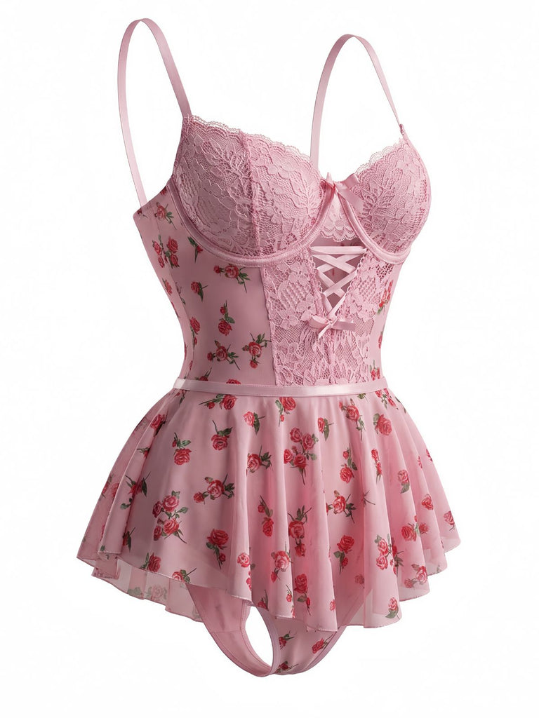 Pigiama rose con fiocco in pizzo rosa anni '30