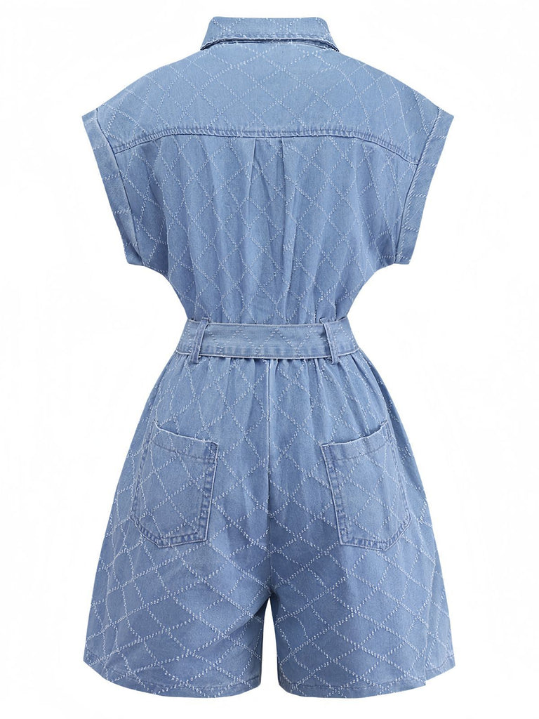 Tuta corta blu anni '80 multiuso in denim con bottoni