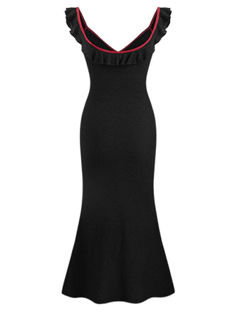 Abito da sirena in maglia con volant e scollo a V nero anni '30
