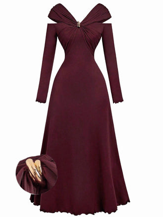 Abito plissettato con spalle scoperte bordeaux anni '40