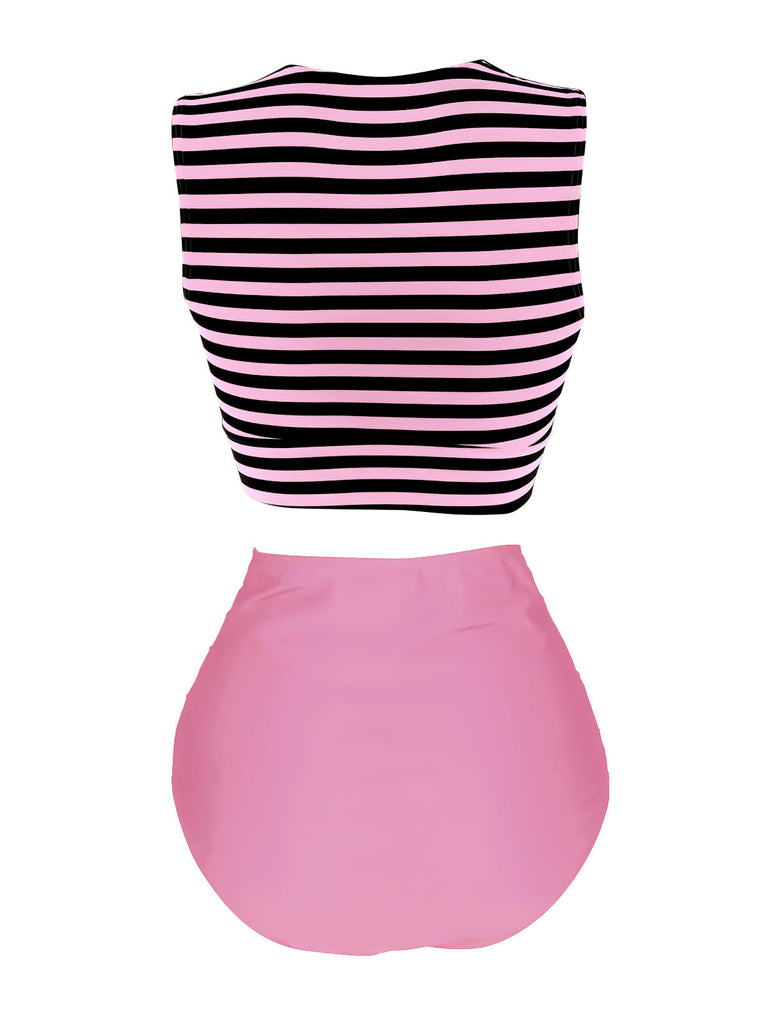 Costume da bagno patchwork a righe rosa e nero anni '70