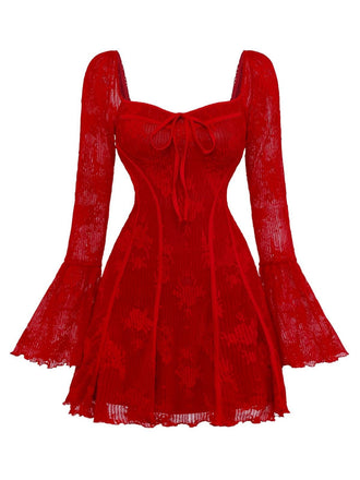 Abito floreale in maglia con maniche a campana e fiocco rosso anni '60