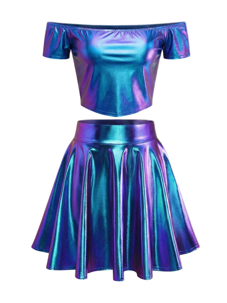 2PCS Top disco metallizzato con spalle scoperte e gonna anni '70