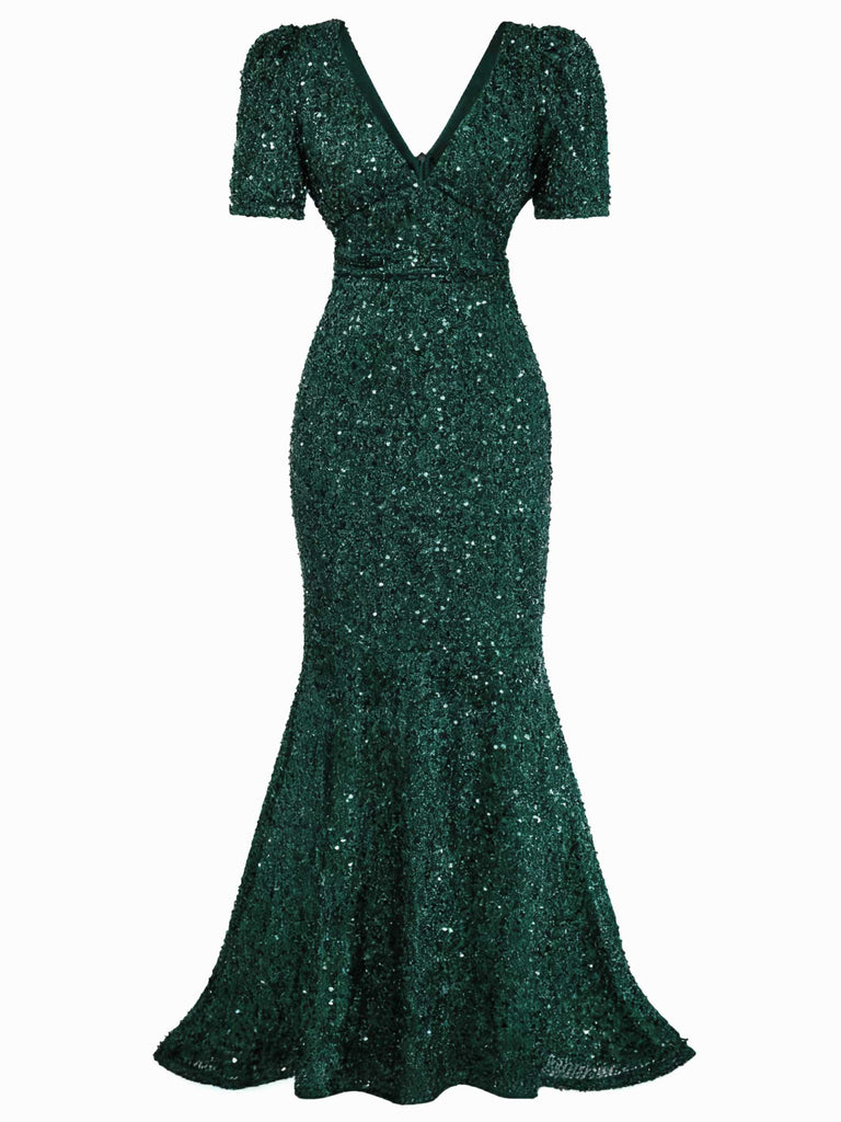 Abito lungo a sirena con fiocco di paillettes bordeaux anni '30