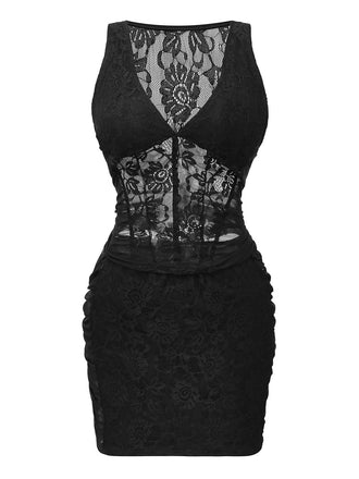 2PCS Top e gonna floreale trasparenti in pizzo nero anni '60