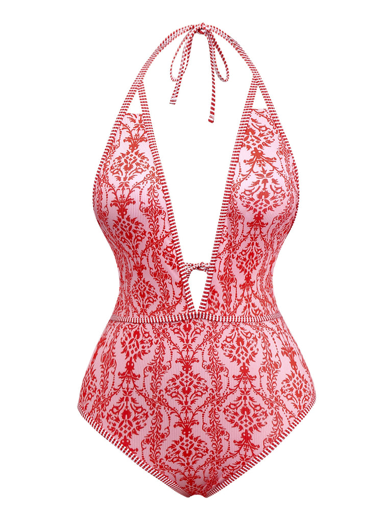 Costumi intero con stampa barocche scollo a V rosso anni '70