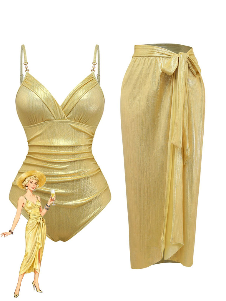 Costumi intero arricciato e copricostume oro anni '80