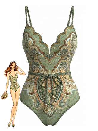 Costumi Intero Verde Anni '70 Bohemien con Colletto a Petalo