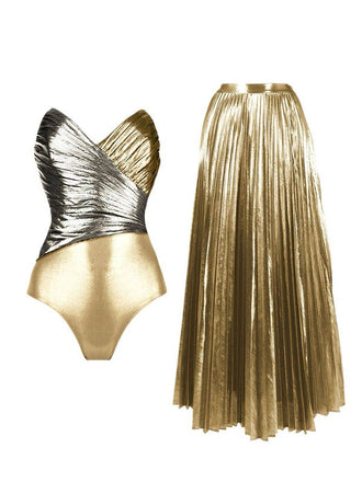 2PCS Costumi Intero Oro Anni '50 Metallizzato e Copricostume