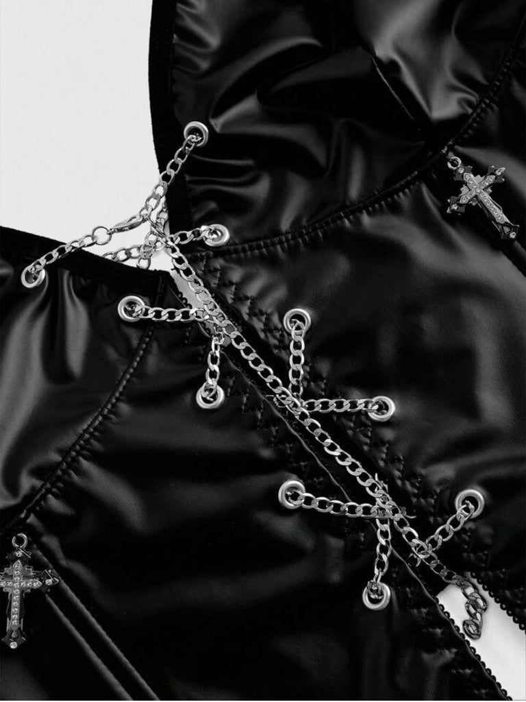 Corsetto gotico con coulisse e catena a croce nero anni '80