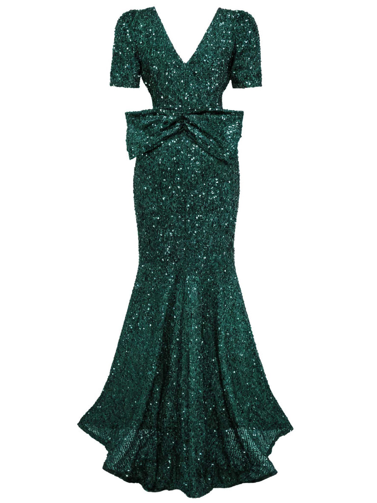 Abito lungo a sirena con fiocco di paillettes bordeaux anni '30