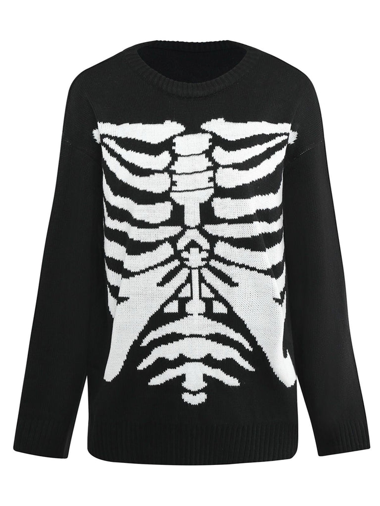 Maglione lavorato a maglia con scheletro Halloween nero anni '50