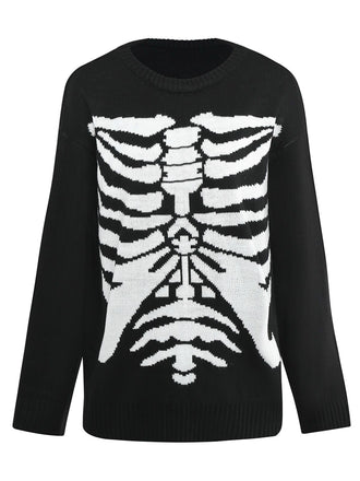 Maglione lavorato a maglia con scheletro Halloween nero anni '50
