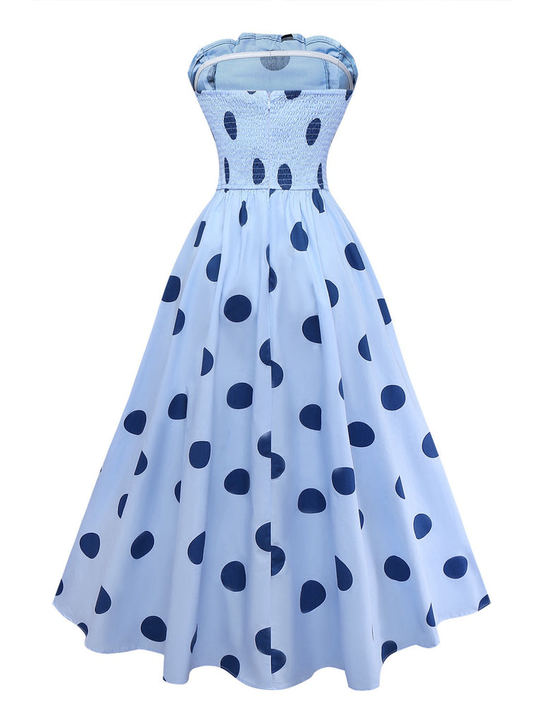 Abito a pois plissettato senza spalline blu anni '40