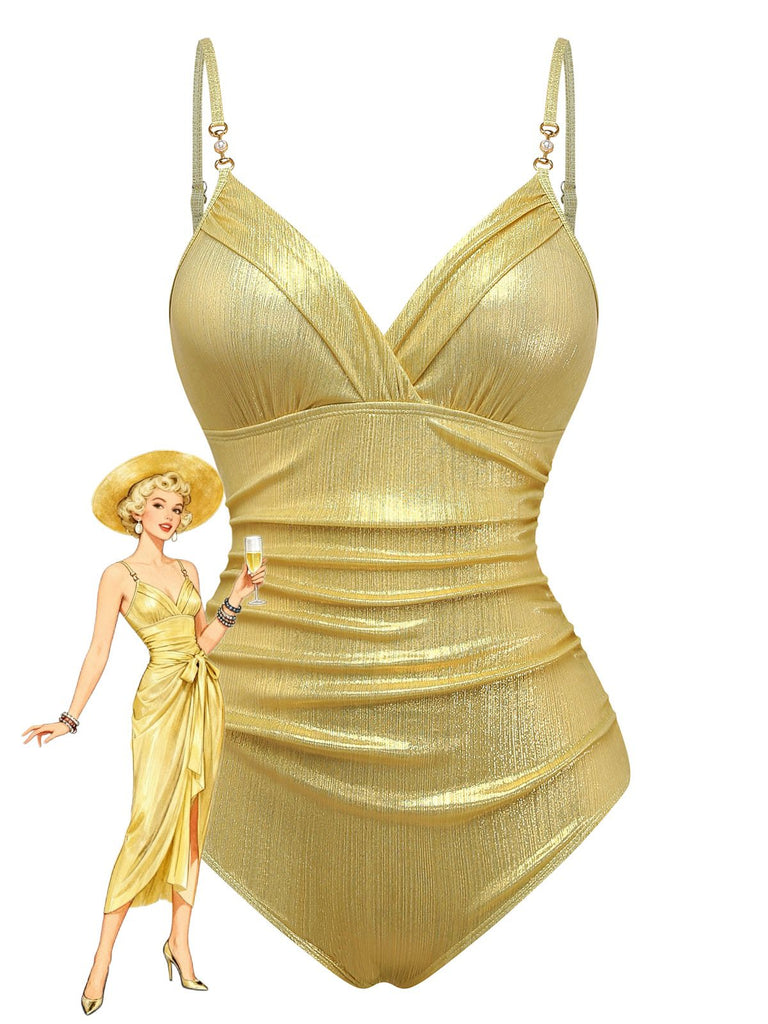 Costumi intero arricciato e copricostume oro anni '80