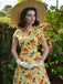 Abito arricciato fiori di ortensia giallo anni '50