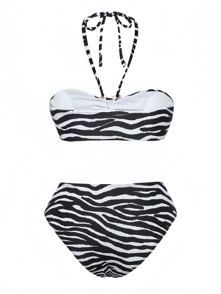 Bikini a fascia con stampa zebrata e stelle marine anni '60