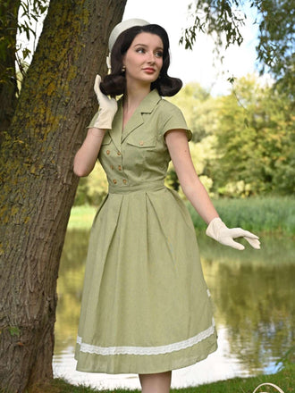 Abito patchwork in cotone plaid e pizzo verde anni '40