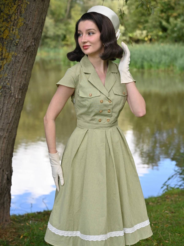 Abito patchwork in cotone plaid e pizzo verde anni '40