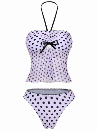 Set tankini a pois con fiocco e scollo all'americana rosa anni '50