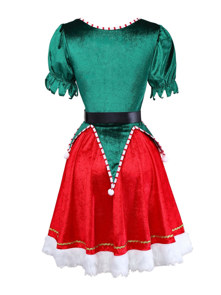 Top verde natalizio con scollo a V e gonna in pelliccia rossa anni '60