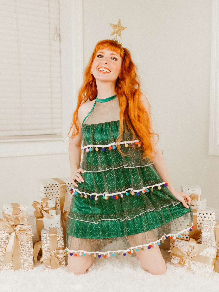 Abito con pompon e albero di Natale verde anni '60