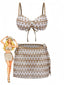 3PCS Bikini Traforato All'uncinetto e Copricostume Cachi Anni '50