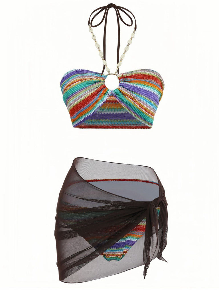 Set Bikini 3PCS Multicolor Halter Rainbow Stripes Shell-con Spalline Anni '70 2
