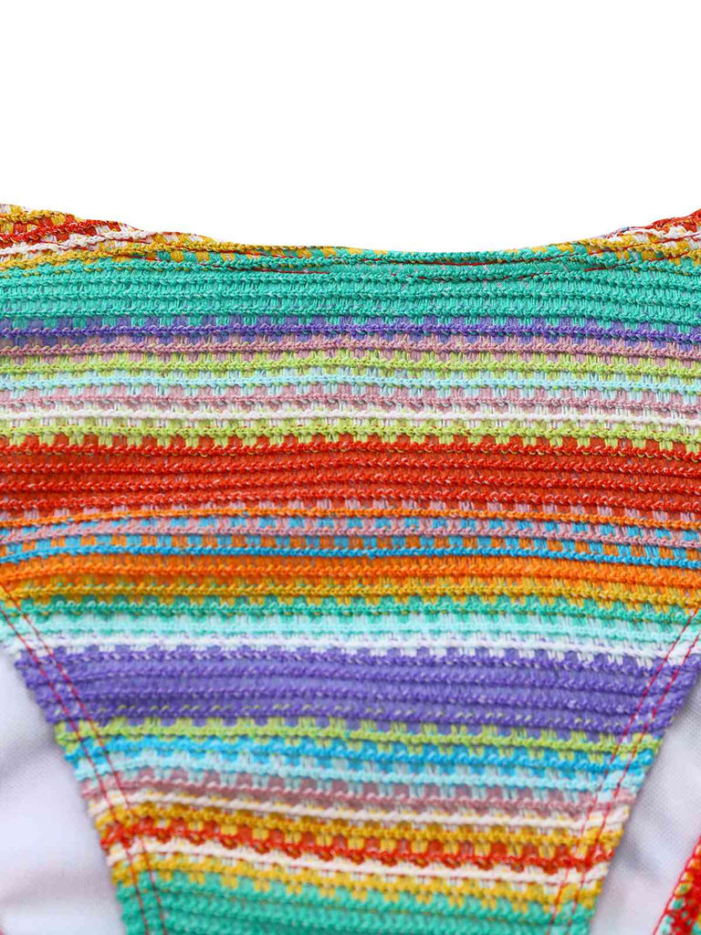 Set Bikini 3PCS Multicolor Halter Rainbow Stripes Shell-con Spalline Anni '70 6