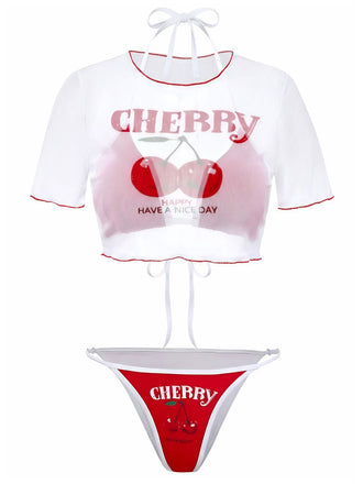 3PCS Red 1950s Cherry Print Tie-Up Bikini Set - vintage fashion, retro style, elegant red