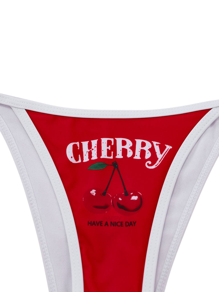 3PCS Red 1950s Cherry Print Tie-Up Bikini Set - vintage fashion, retro style, elegant red