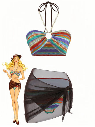 3PCS-Set-Bikini-Multicolore-Anni '70-Arcobaleno-a-Righe-Con-Conchiglia