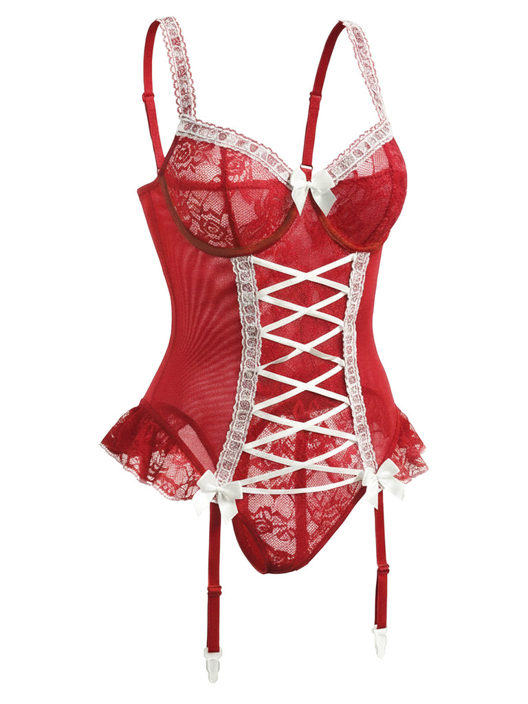 [Prevendita] Corsetto e fiocco in pizzo con calze rosso anni '60
