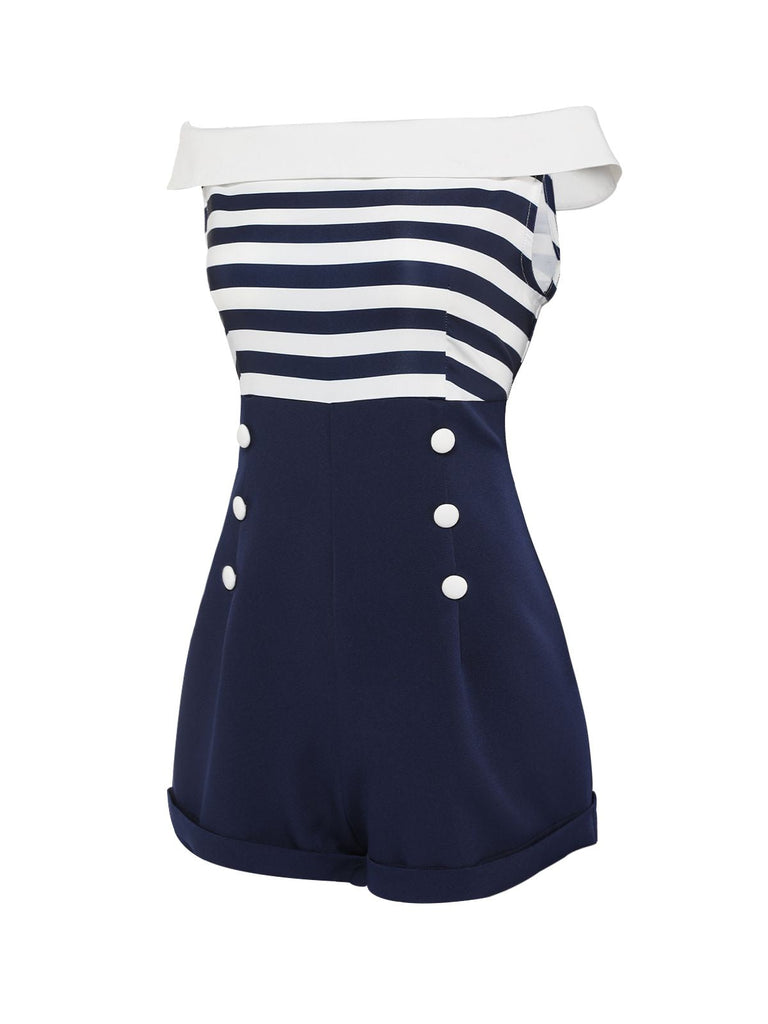Tuta corta a righe spalle scoperte patchwork blu navy anni '50