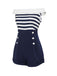 Tuta corta a righe spalle scoperte patchwork blu navy anni '50