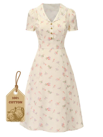 Abito floreale maniche a sbuffo puro cotone beige anni '40