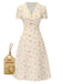Abito floreale maniche a sbuffo puro cotone beige anni '40