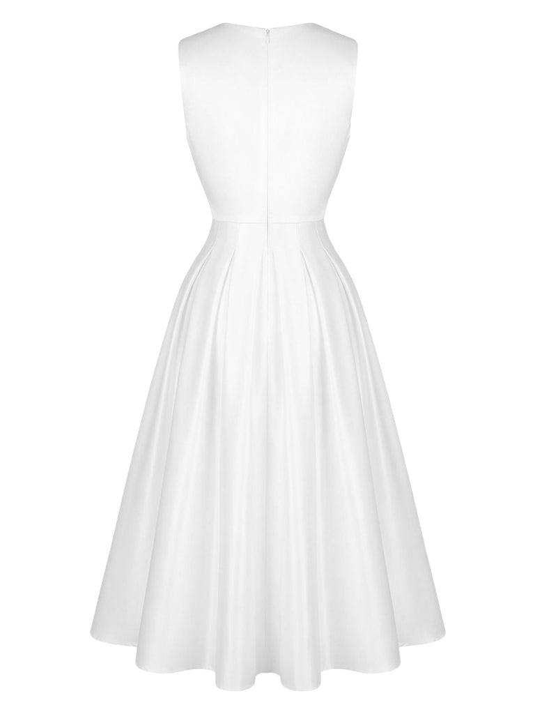Abito senza maniche con scollo a V e bottoni bianco anni '50